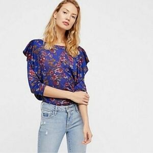 Free People Dock Street Ruffle Floral Blouse Top Sz L